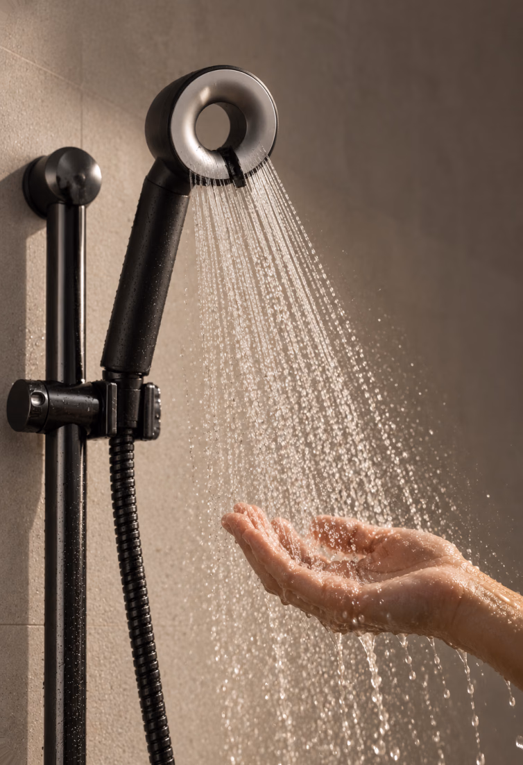 Hand under the spray of a shower mounted on a black rail