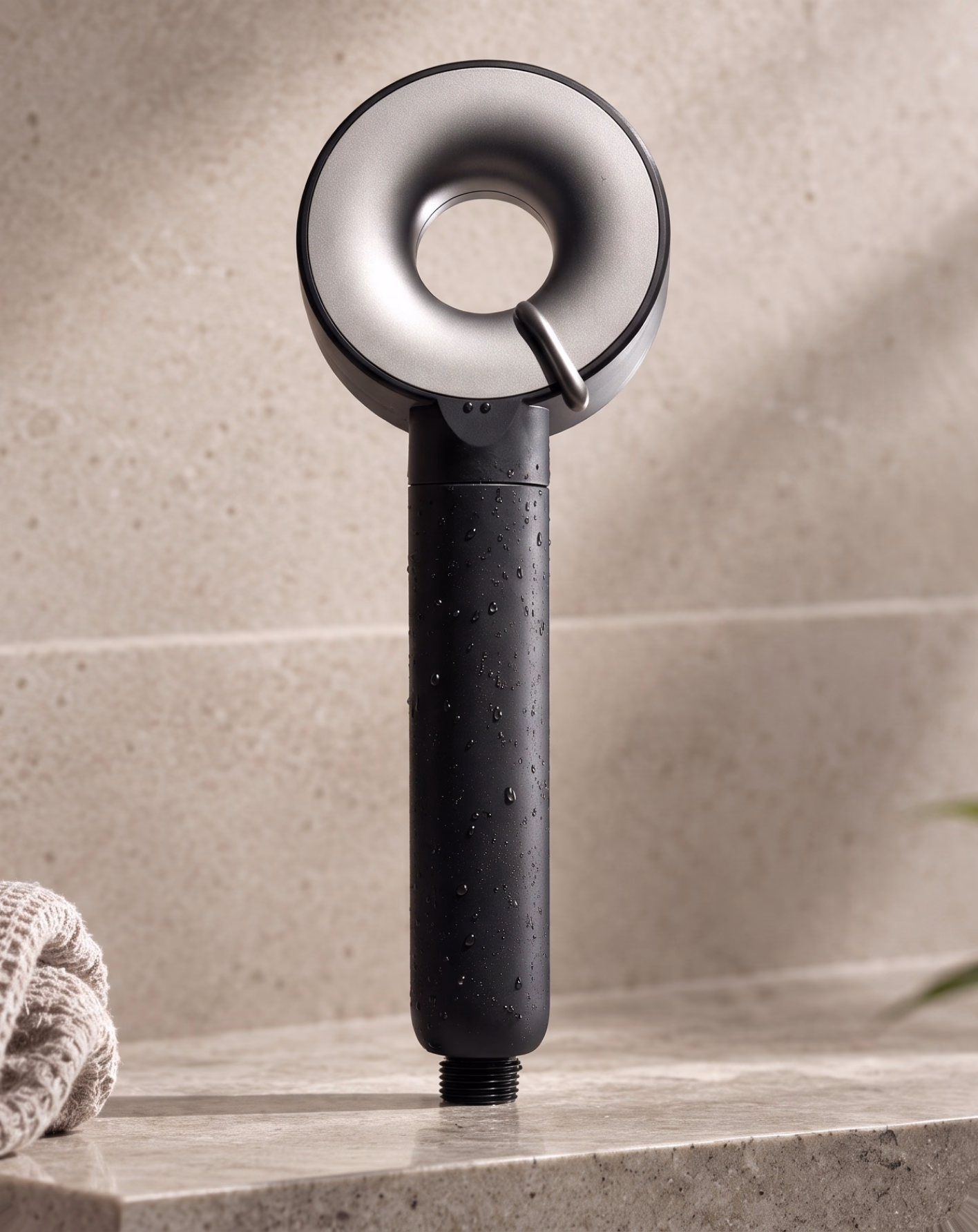 IonDrops filtered shower head with a black handle, against a stone wall